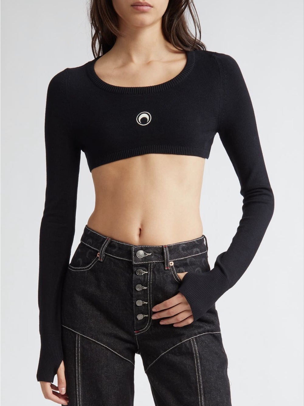 Marine Serre Cropped Black Long-Sleeve Knit Top with Logo - M